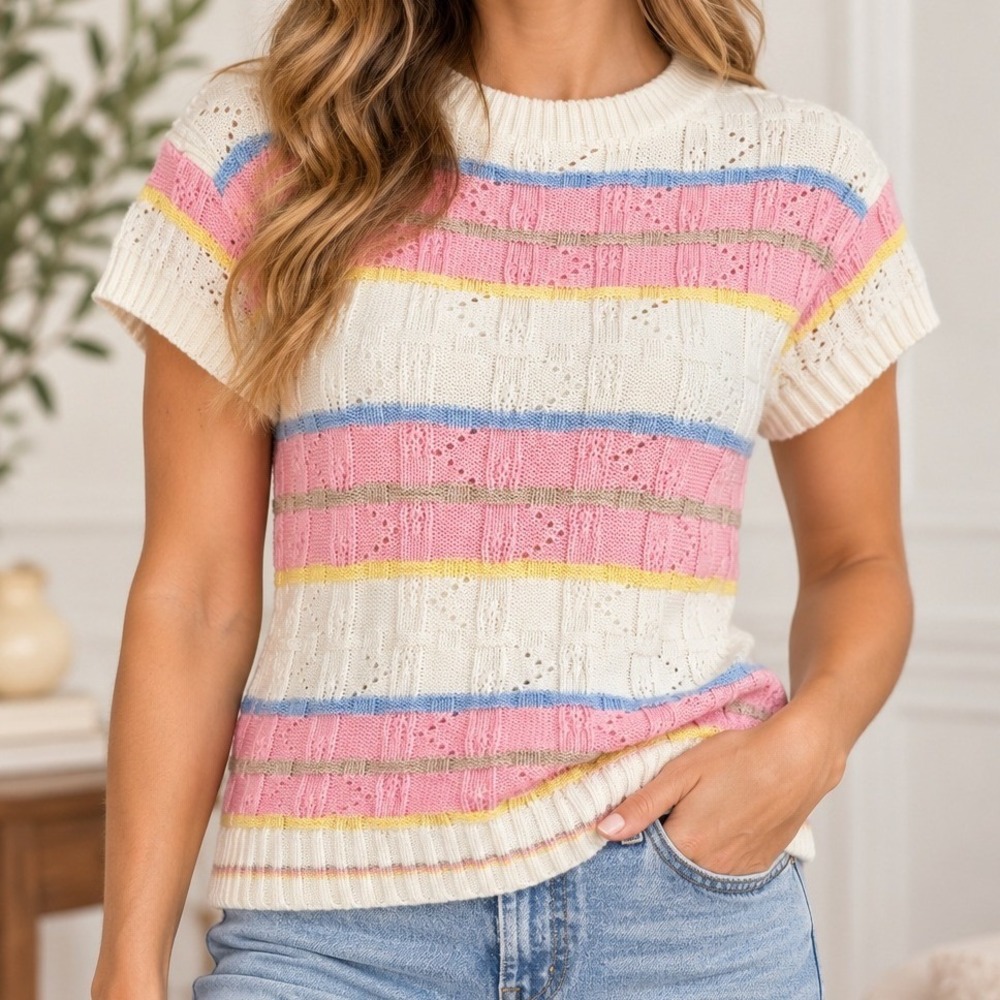 Keneth too! Vtg 80s Knit Top Pastel Striped Pointelle Retro Grandma Cottage S
